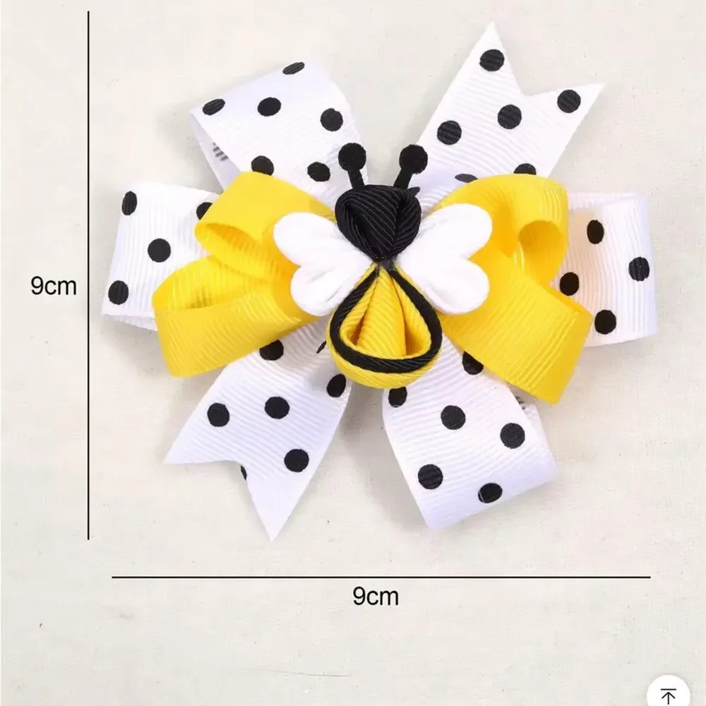 New Yellow and White Polka Dot Bow with Bee Accent